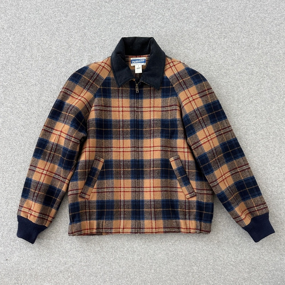VTG Pendleton Bomber Jacket Womens S Blue Tan Plaid Wool Corduroy Collar Zip Up